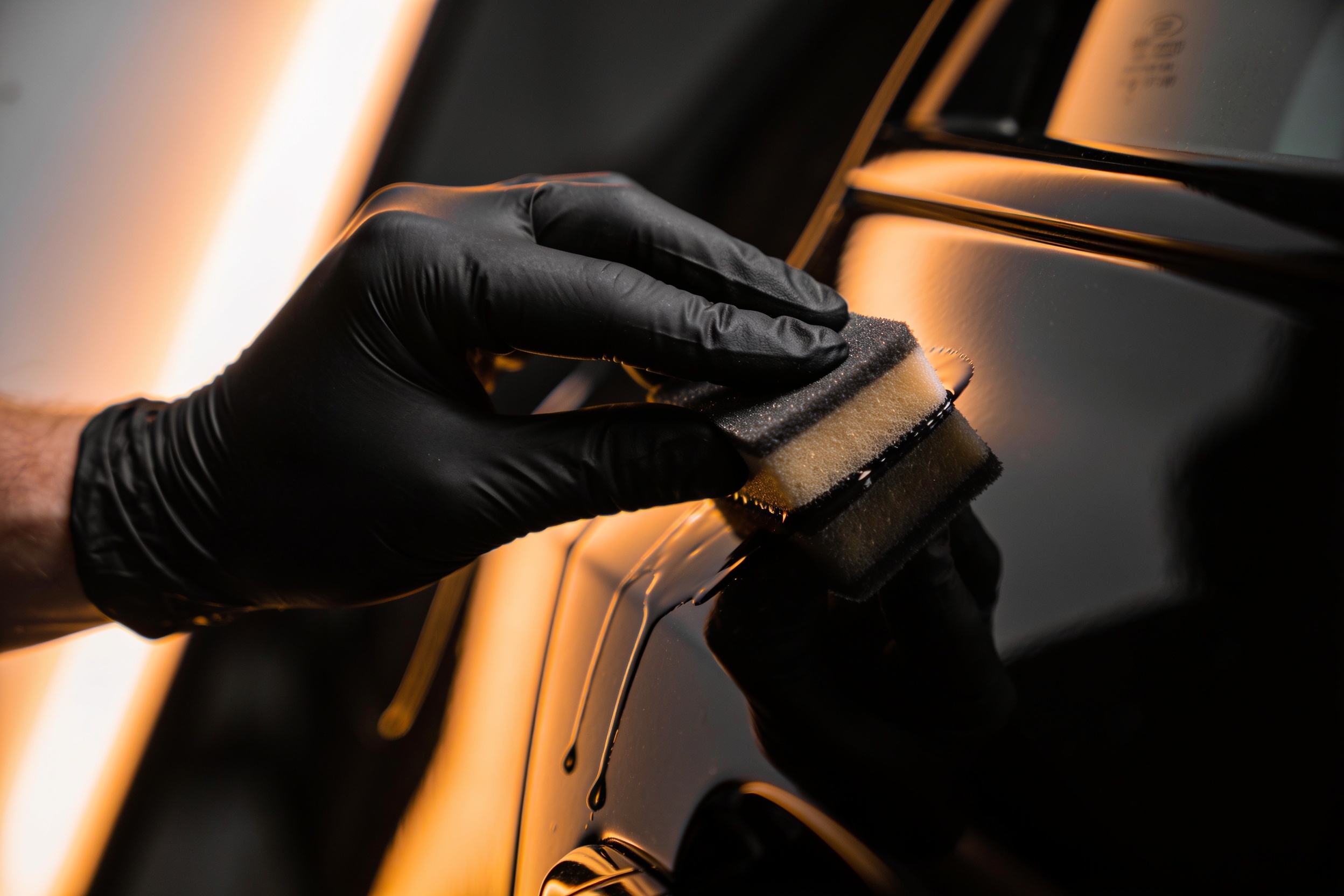 Ceramic coating being applied to a black car panel