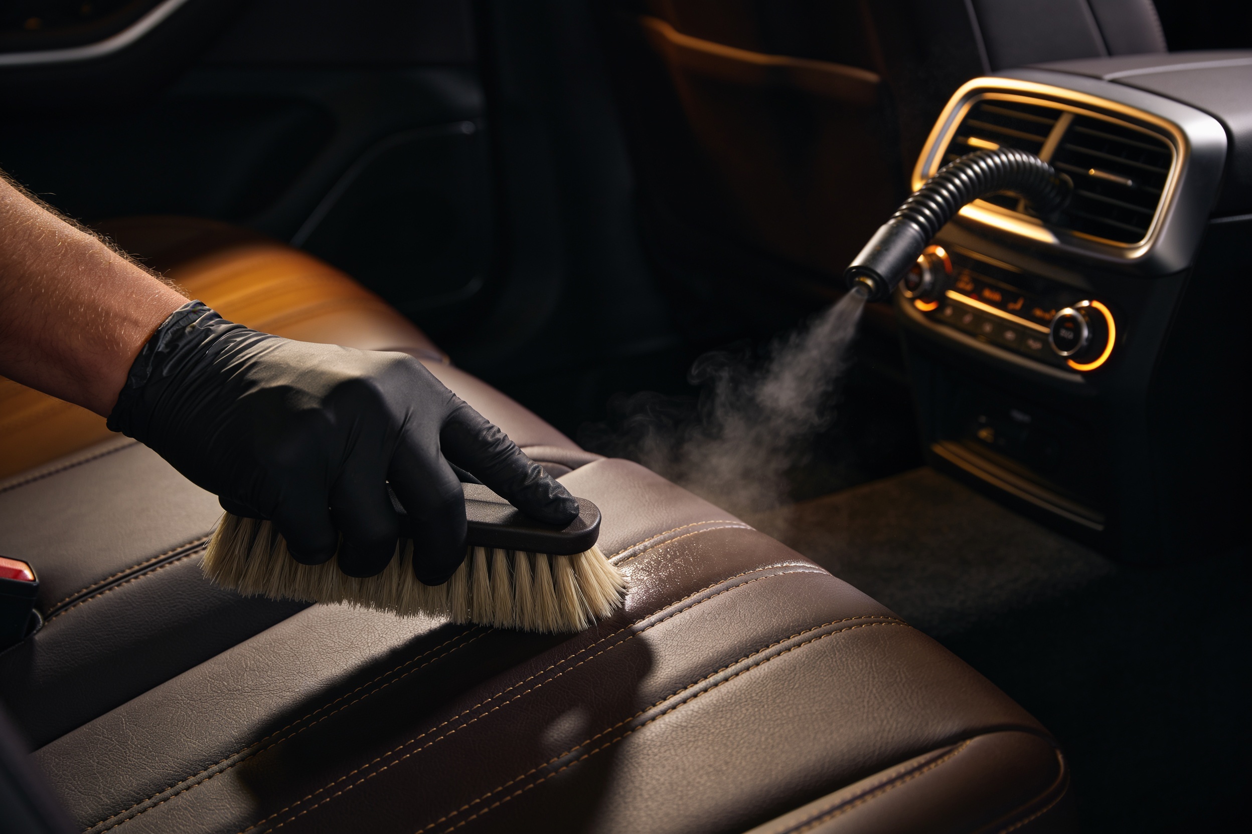 Leather car interior being deep cleaned and detailed