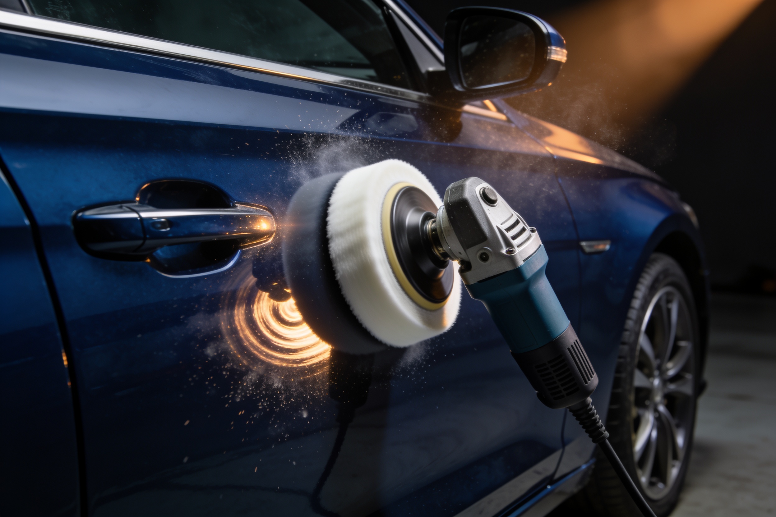 Machine polisher correcting paint on a car door