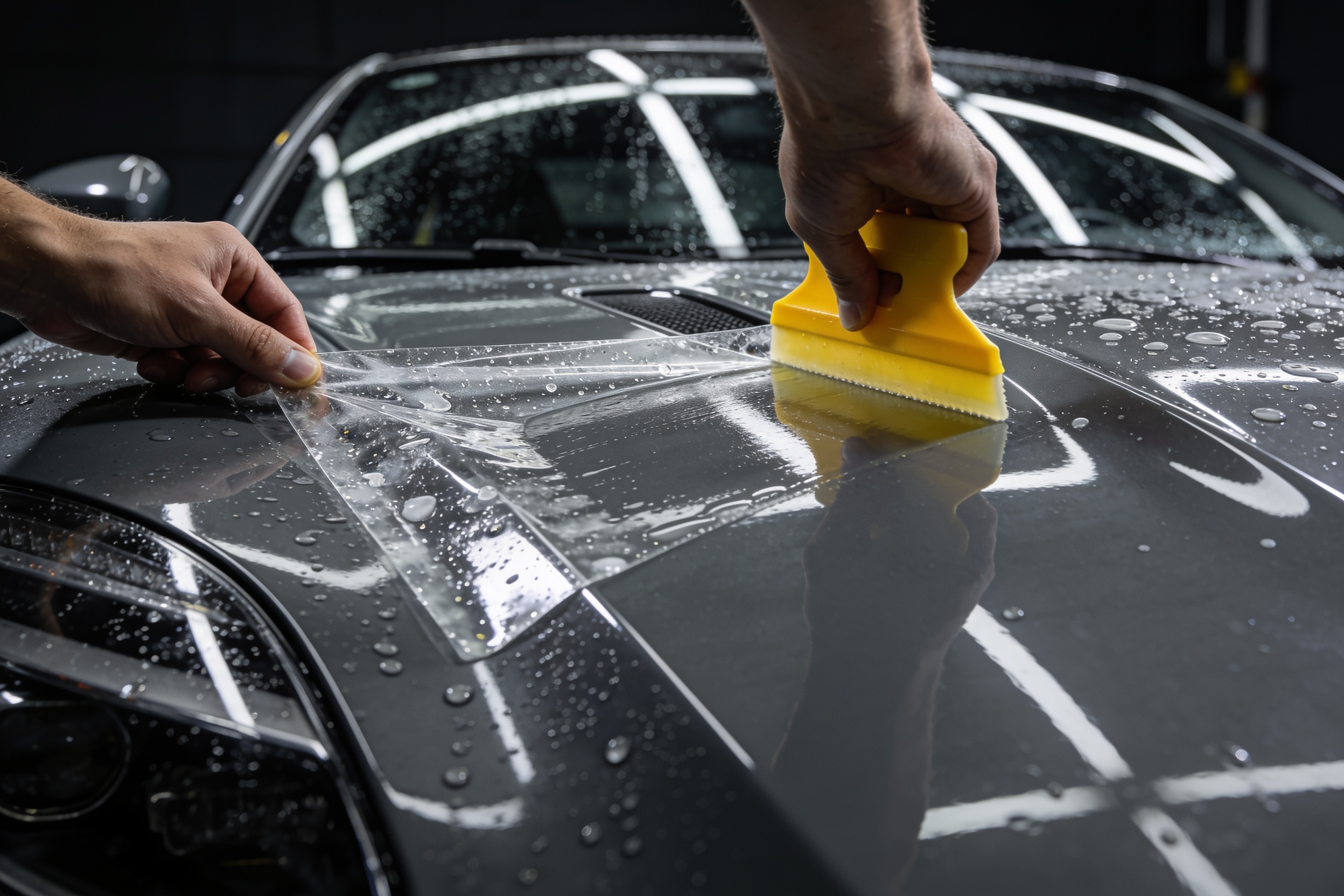Paint protection film being installed on a car hood